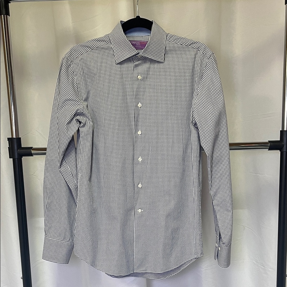 Lorenzo Uomo men’s Monochrome Checkered Dress Shirt 14.5 neck 32/33 trim fit